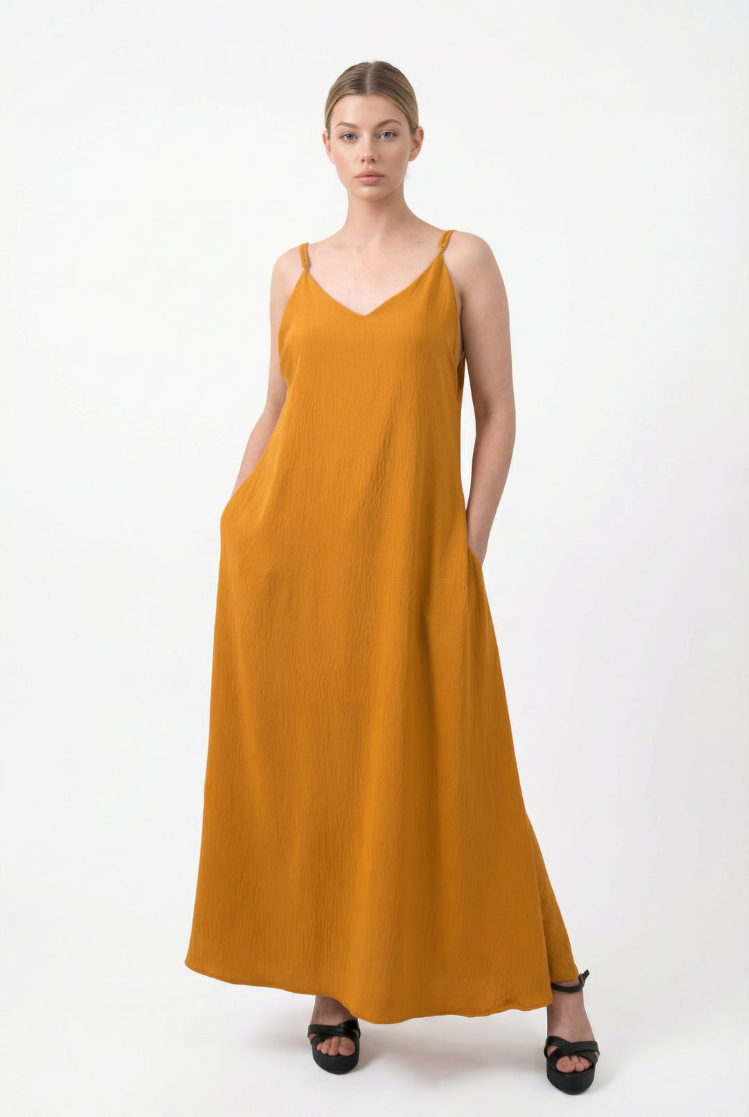 Reya Stretchable Flowy Mustard Dress VIVEMORA Reya Stretchable Flowy Mustard Dress VIVEMORA