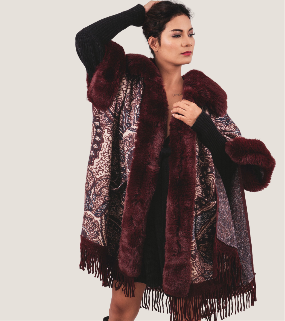 Super Warm Red Wine Faux Fur Printed Coat