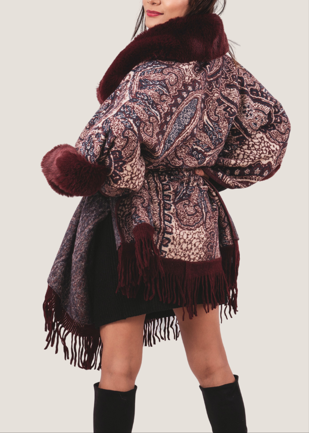 Super Warm Red Wine Faux Fur Printed Coat