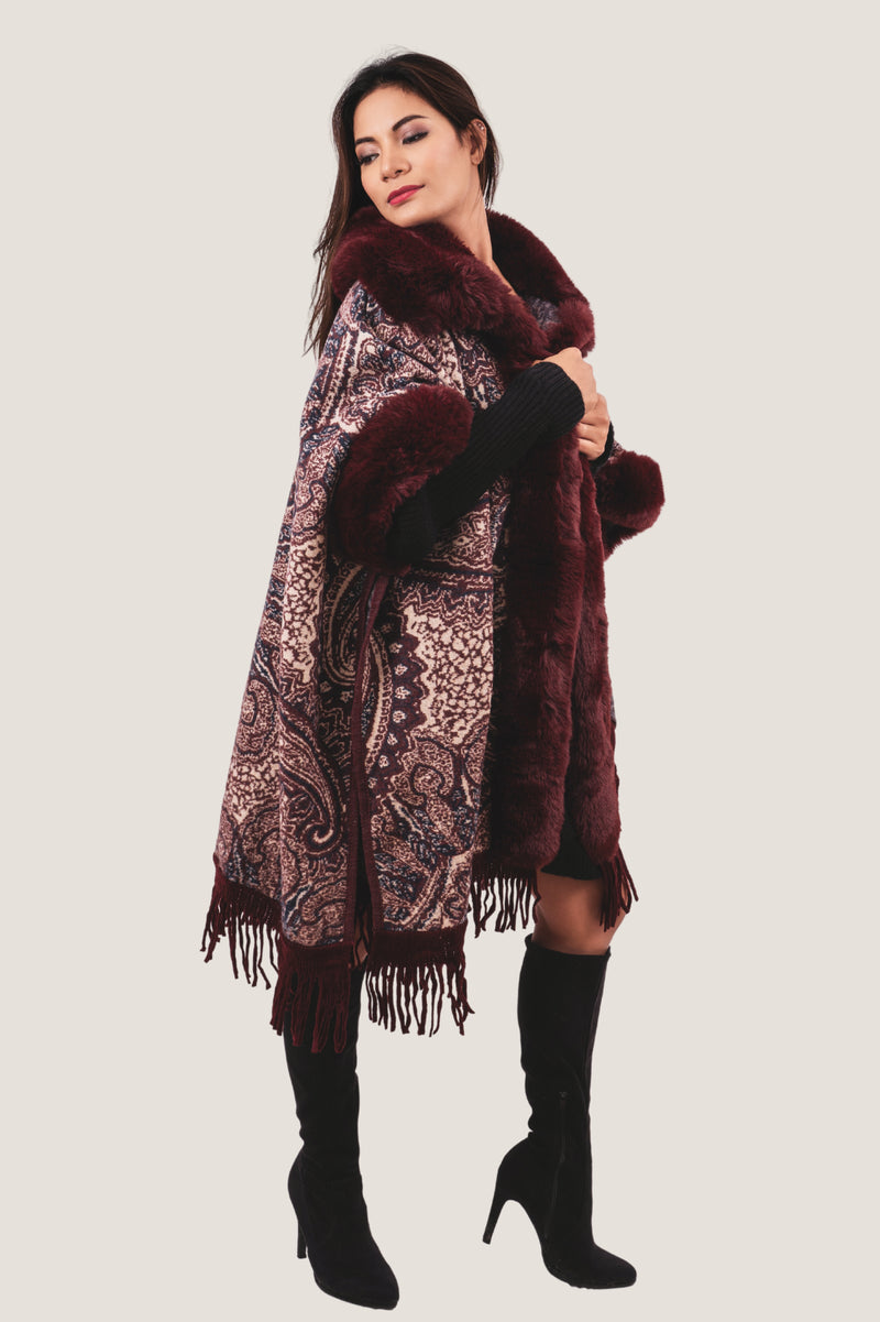 Super Warm Red Wine Faux Fur Printed Coat