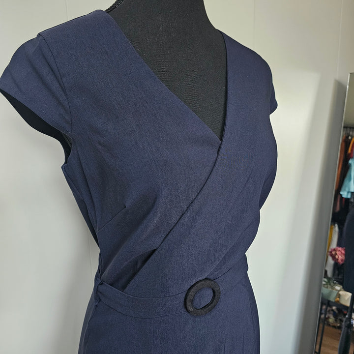 Navy Wrap-Style Cotton Dress