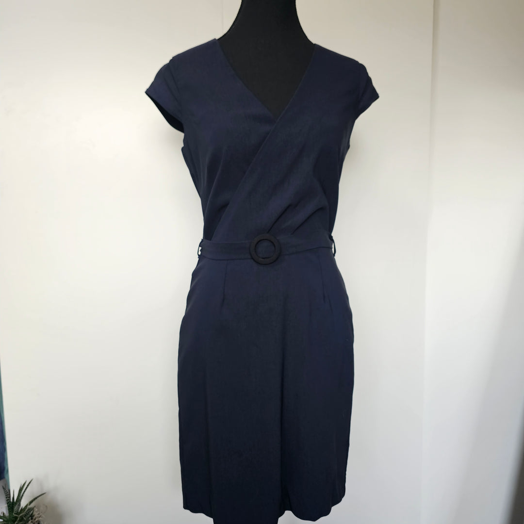 Navy Wrap-Style Cotton Dress