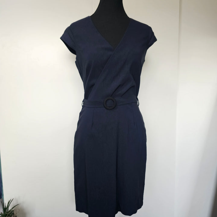 Navy Wrap-Style Cotton Dress