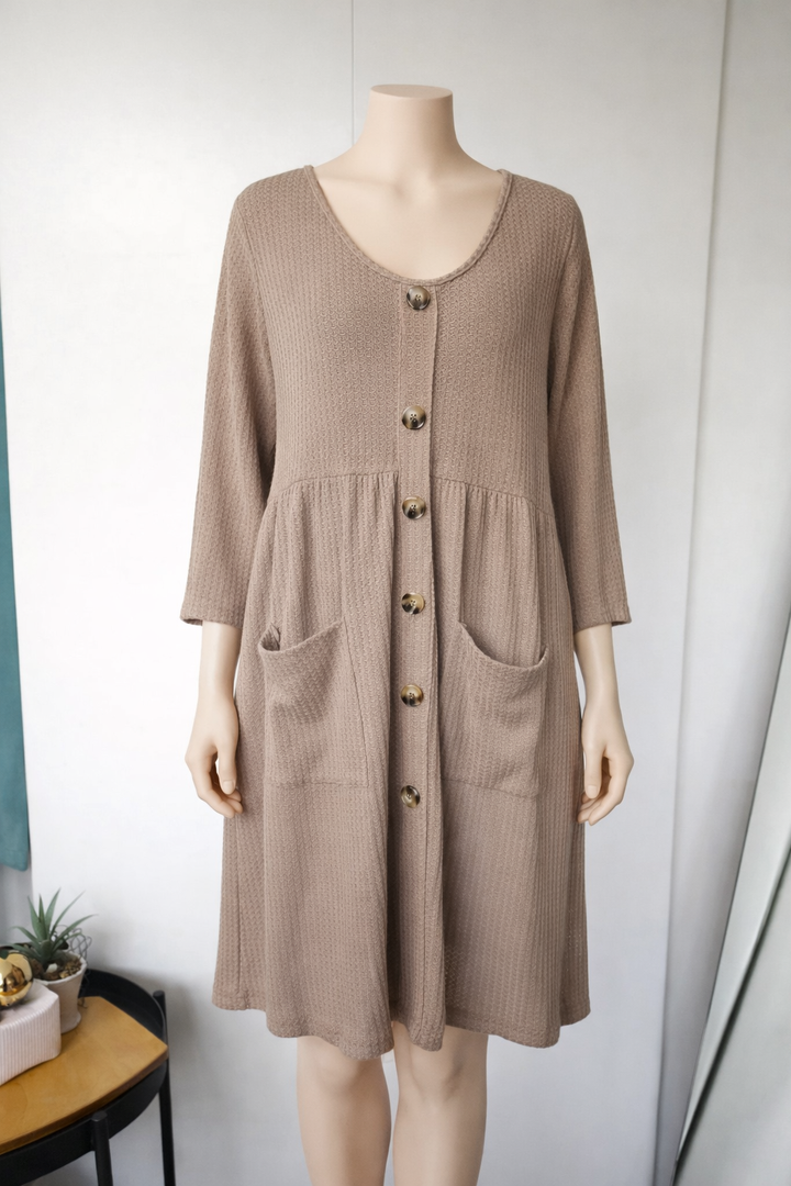 Taupe Button Front Stretch Dress – M–L