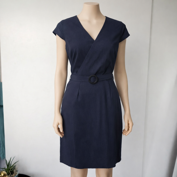 Navy Wrap-Style Cotton Dress