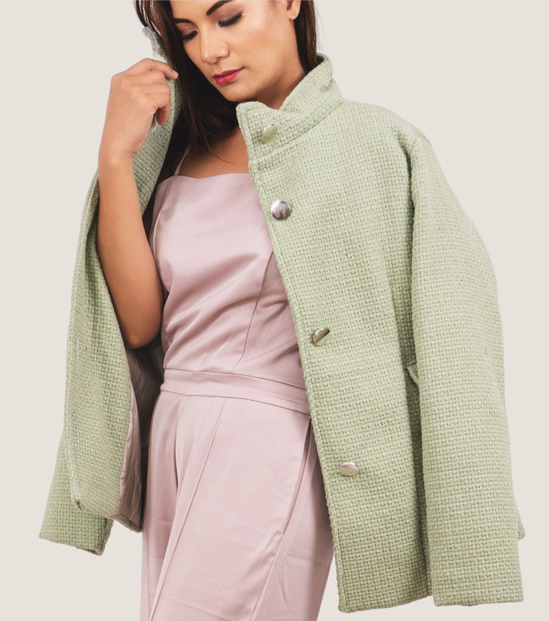 Blazer a collo alto in tweed verde menta