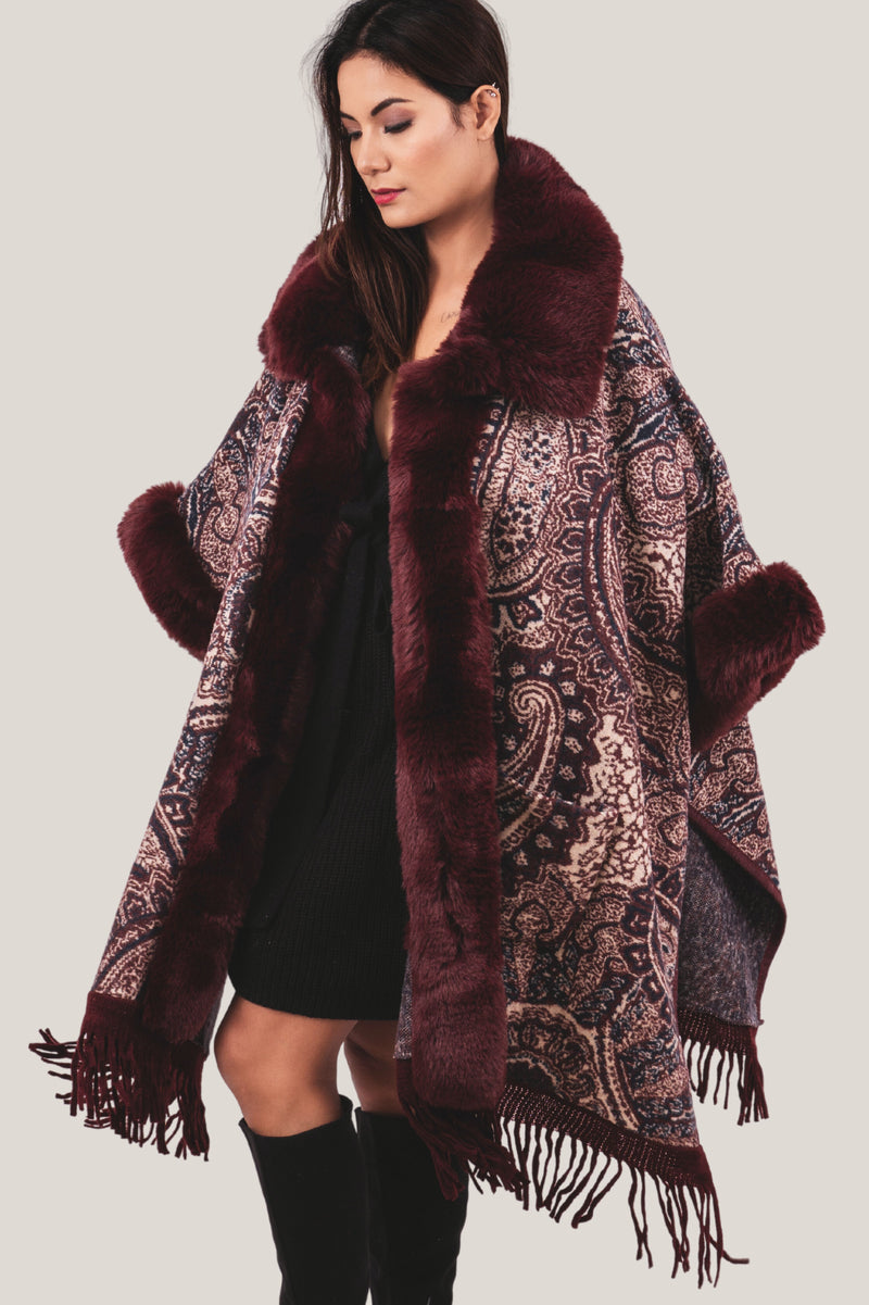 Super Warm Red Wine Faux Fur Printed Coat