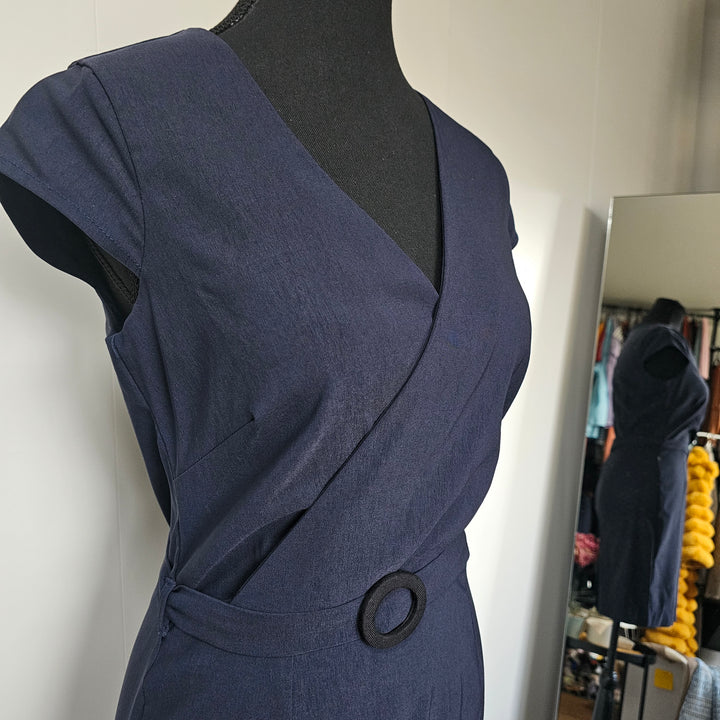 Navy Wrap-Style Cotton Dress
