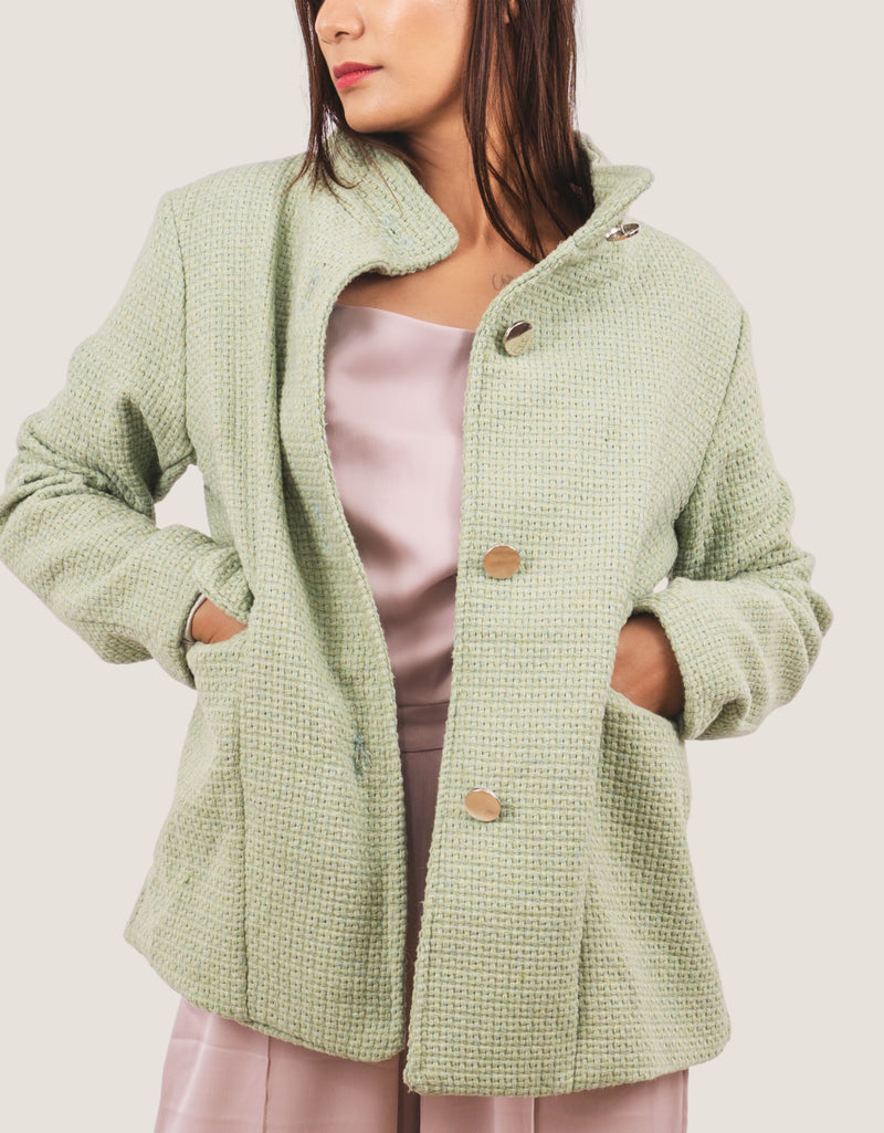 Blazer a collo alto in tweed verde menta