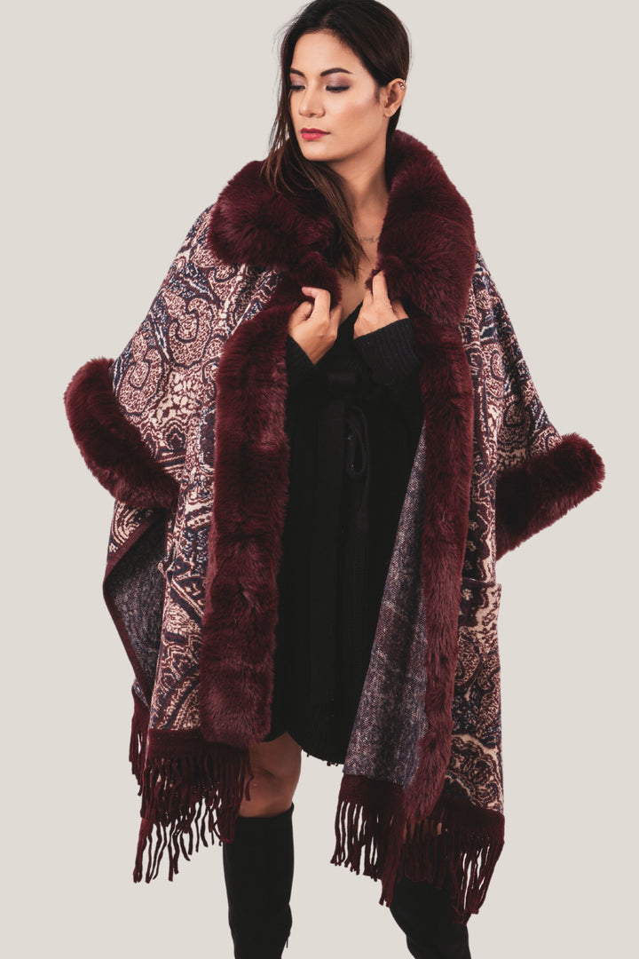 Super Warm Red Wine Faux Fur Printed Coat