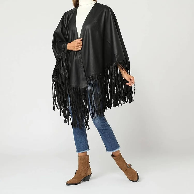 Imitation leather fringe cape