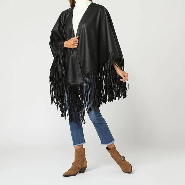 Imitation leather fringe cape
