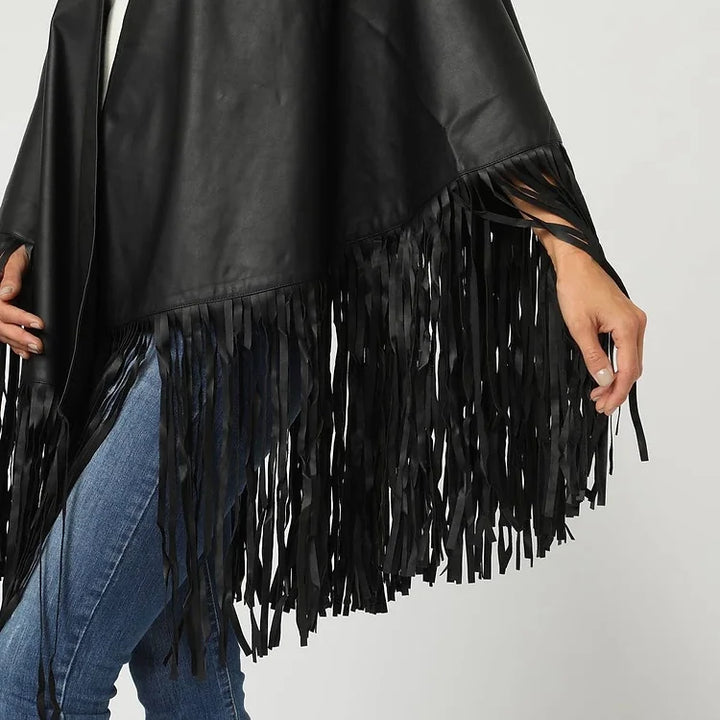 Imitation leather fringe cape